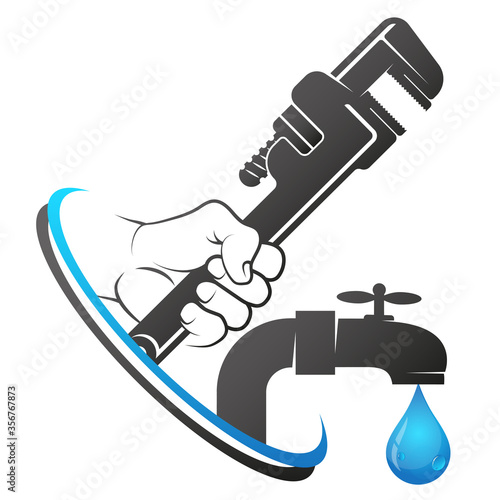 Wrench in hand and water tap repair and service plumbing symbol