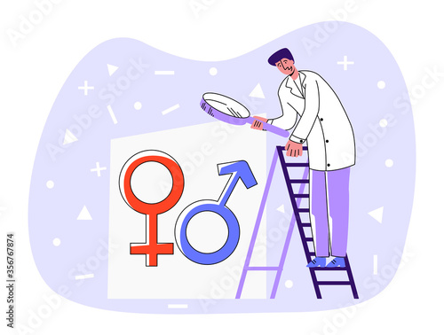 Vector flat illustration doctor standing on staircase and looking through magnifying glass at abstract symbols interaction between man, woman. Concept sexology, relationship psychology, psychotherapy.