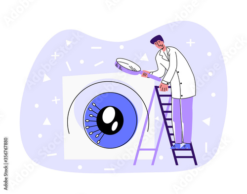 Vector flat illustration doctor standing on staircase, looking through magnifying glass at abstract eye. Concept ophthalmology, medicine, diagnostics. You can use it in banners, social networks, etc.