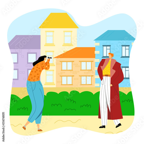 Vector flat illustration with people walking on street. Woman photographs man with camera. You can use it in landing pages, banners for photo shops, studios, and entertainment.