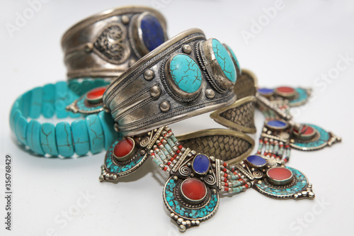 fragments of Nepalese jewelry:  bracelets, necklace