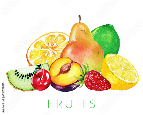 Heap of mixed fruits, hand drawn vector watercolor