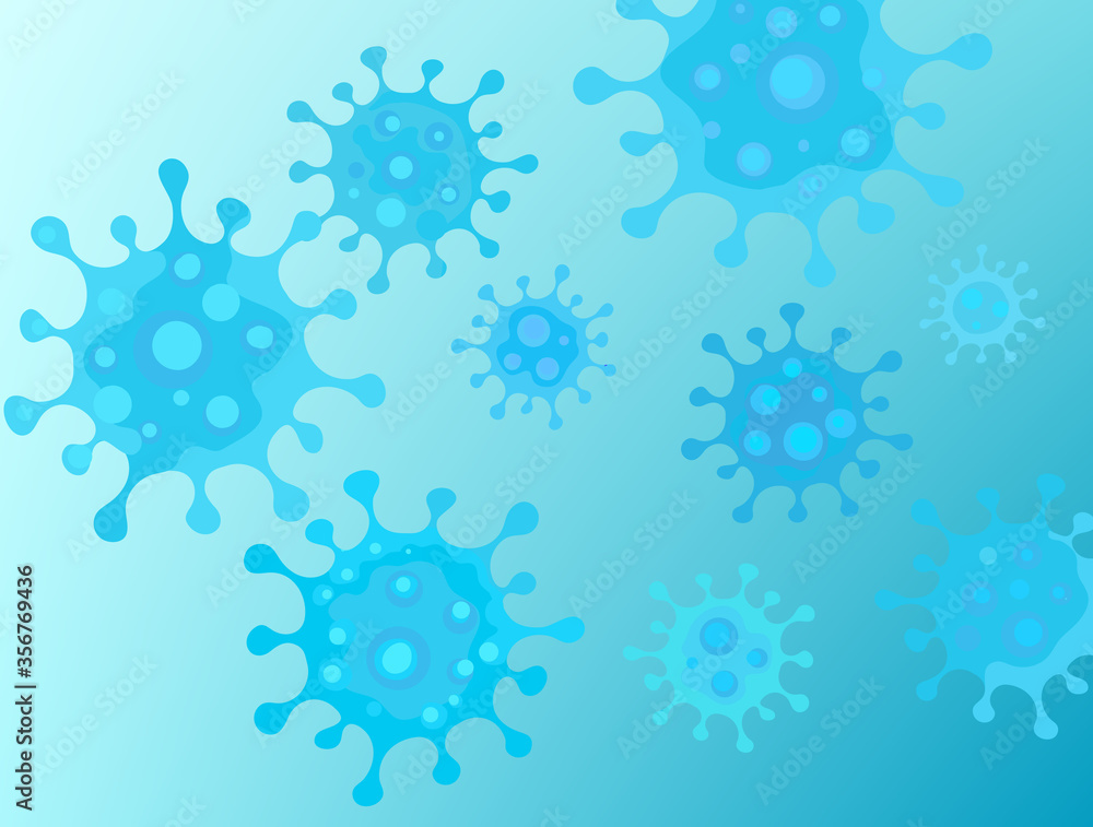 Biue viruses floating under microscope on luminous light blue background. Vector illustration.
