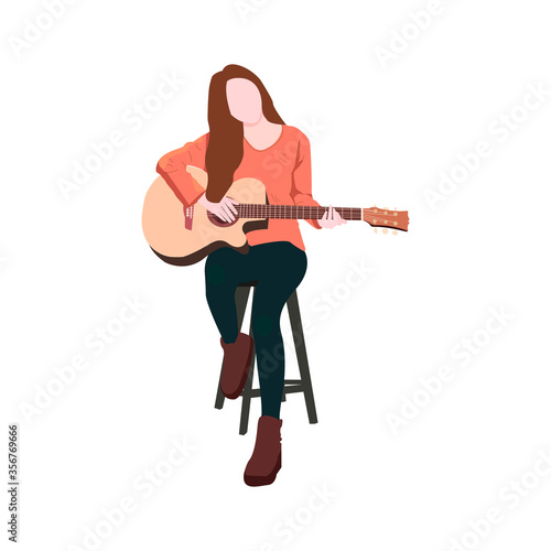 Girl with a guitar on an isolated background. Flat illustration