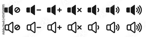Sound icons set. Vector isolated sound volume up, down or mute control collection. Sound volume control symbol. Audio voices sound icon - stock vector.