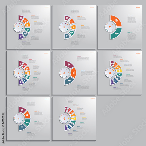 Templates infographic 2 3 4 5 6 7 8 9 positions for text area. diagram with multicolored elements around circle.