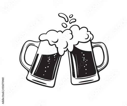 Two toasting beer mugs, Cheers. Clinking glass tankards full of beer and splashed foam. Black and white