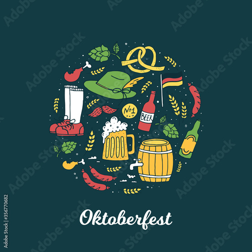 Oktoberfest illustration, beer festival design elements. German food and beer symbols isolated on dark background in circle. 