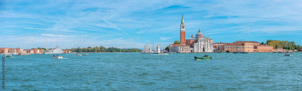 Panoramic view of Beautiful Church of San Giorgio Maggiore, its Bell Tower at Grand Canal in Venice, Italy