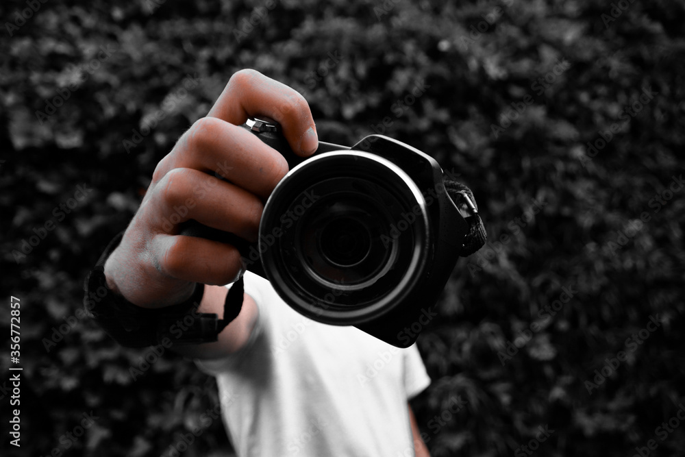 MANO DE PERSONA BLANCO SUJETANDO UNA CÁMARA ENFOCADA EN UN FONDO CON PLANTAS EN BLANCO Y NEGRO MANO DE PERSONA BLANCO SUJETANDO UNA CÁMARA ENFOCADA EN UN FONDO CON PLANTAS EN BLANCO Y NEGRO
