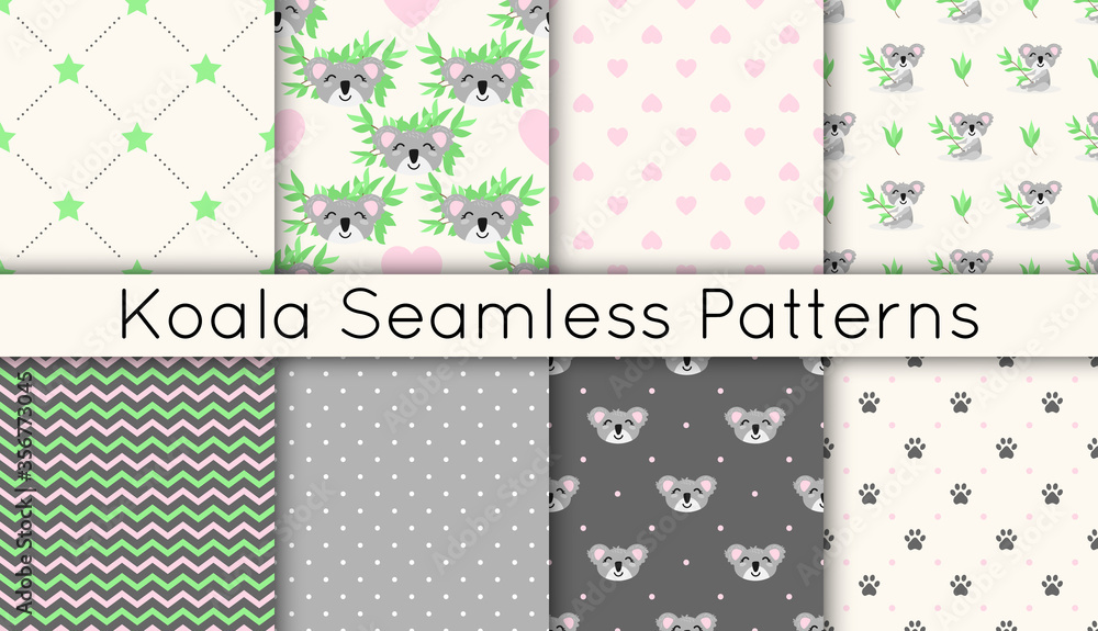Set of 8 vector seamless patterns with cute koalas, eucalyptus branches, stars, hearts, zigzags. Collection of backgrounds in naive cartoon doodle with australian bear.