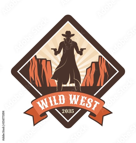 Western retro emblem - cowboy in long coat with guns. Vintage wild west badge - gunslinger with pistols. Vector illustration.