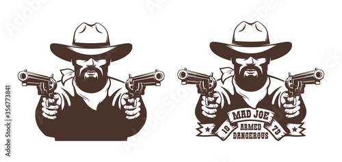 Bearded Cowboy wild west gunfighter tattoo. Western bandit with guns - vintage vector illustration.