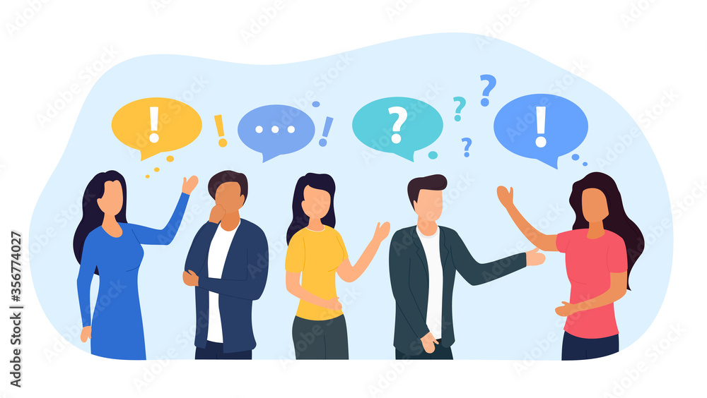 Business team with diverse colleagues involved in a discussion or brainstorming in a meeting, colored vector illustration