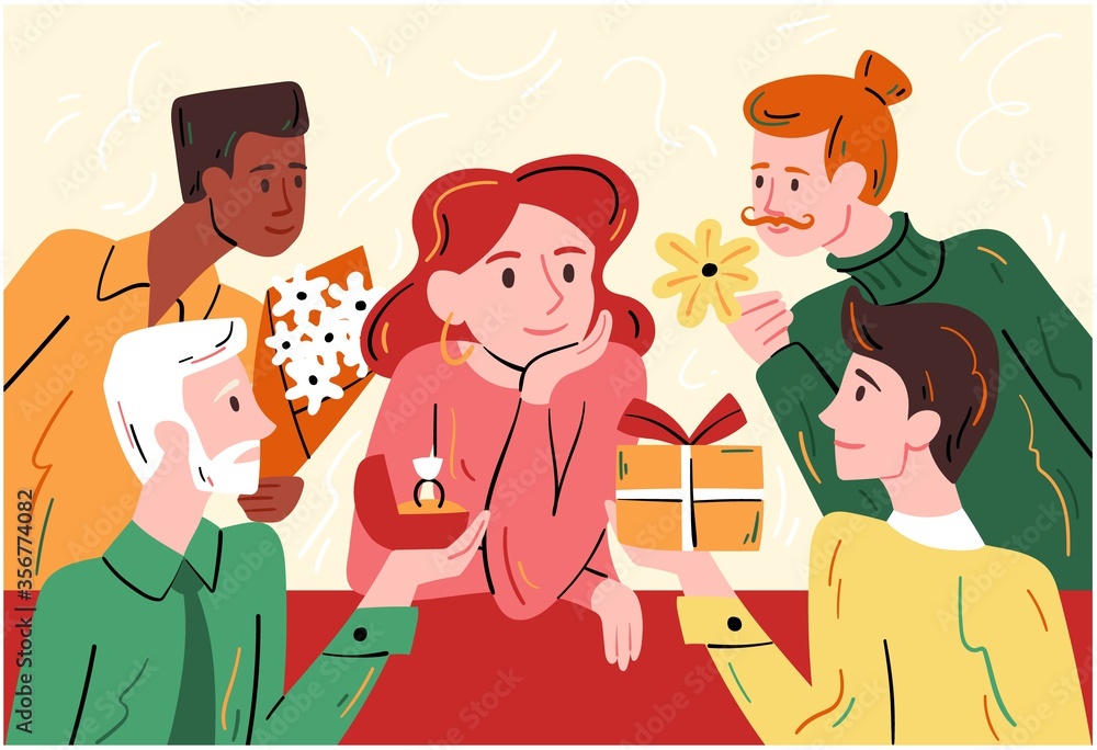 Beautiful woman popular amongst the men seated at a table surrounded by diverse suitors with gifts and an engagement ring, colored vector illustration Beautiful woman popular amongst the men seated at a table surrounded by diverse suitors with gifts and an engagement ring, colored vector illustration