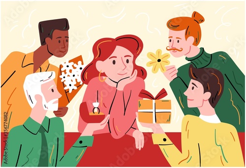 Beautiful woman popular amongst the men seated at a table surrounded by diverse suitors with gifts and an engagement ring, colored vector illustration