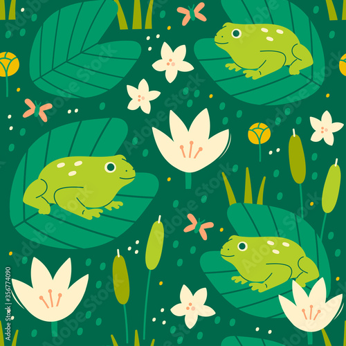 Green Lake or swamp. Toads, frogs, reed, water lilies. Hand drawn Vector illustration. Square repeating design for fabric, textile, wrapping paper. Colorful Seamless Pattern, Wallpaper, Background