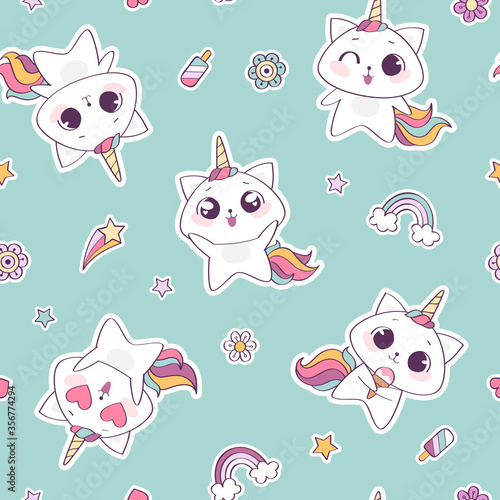 Vector seamless pattern with cute unicorn cat or caticorn, funny kawaii cats with unicorn horn and tail background photo