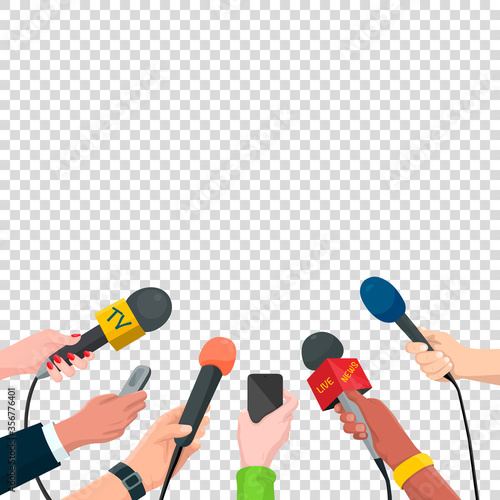 Journalism Concept Vector Illustration in Cartoon Style. Set of Hands Holding Microphones and Voice Recorders. Hot News Template, Isolated on Transparent Background