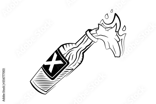 Burning molotov cocktail bottle icon or logo. Modern graphic style black and white sign. Vector illustration isolated on white background.
