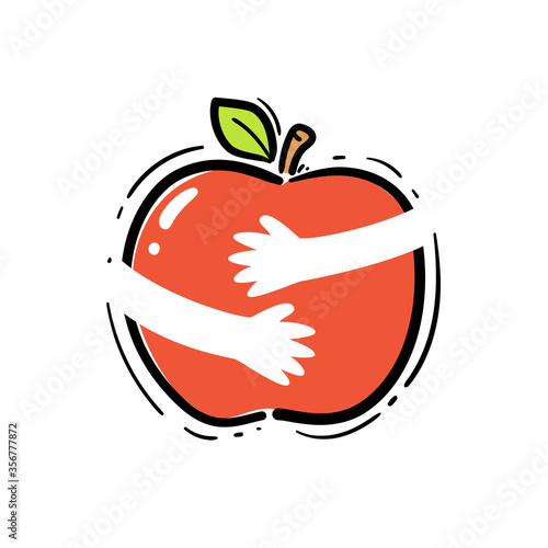 The Apple Doodle and the silhouette of hugging hand. Vector Illustration