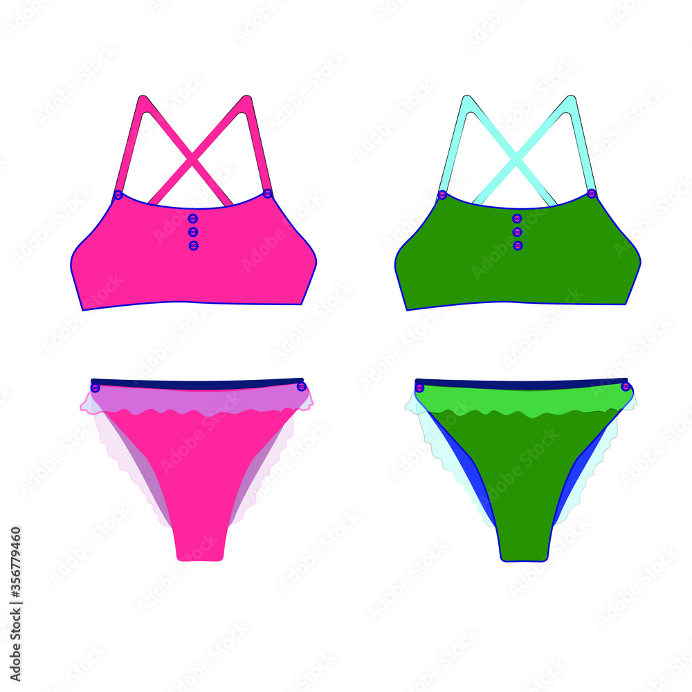 Swimsuit flat icons isolated on white background. Pink and green colors. Template design, vector illustration. Summer bikini.