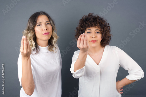 What the hell are you talking about. Shot of frustrated young European girl friends gesturing with raised hand doing Italian gesture, frowning, being displeased and confused with dumb question.