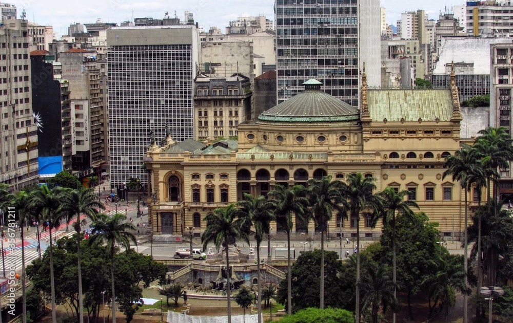 View of Downtown Sao Paulo including rundown buildings, the Municipal Theater,  and palm trees.