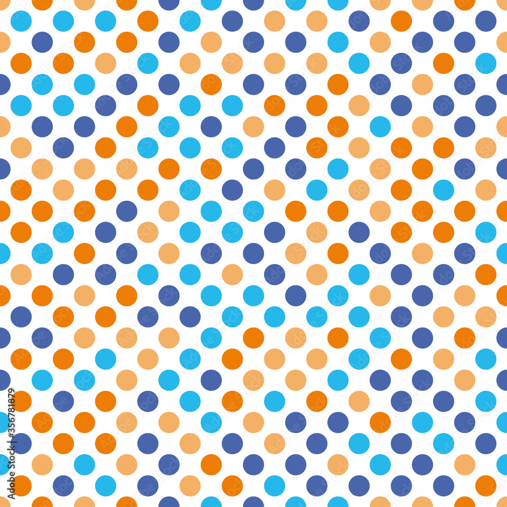 Seamless polka dot pattern. Orange and blue dots in random sizes on white background. Vector illustration Seamless polka dot pattern. Orange and blue dots in random sizes on white background. Vector illustration