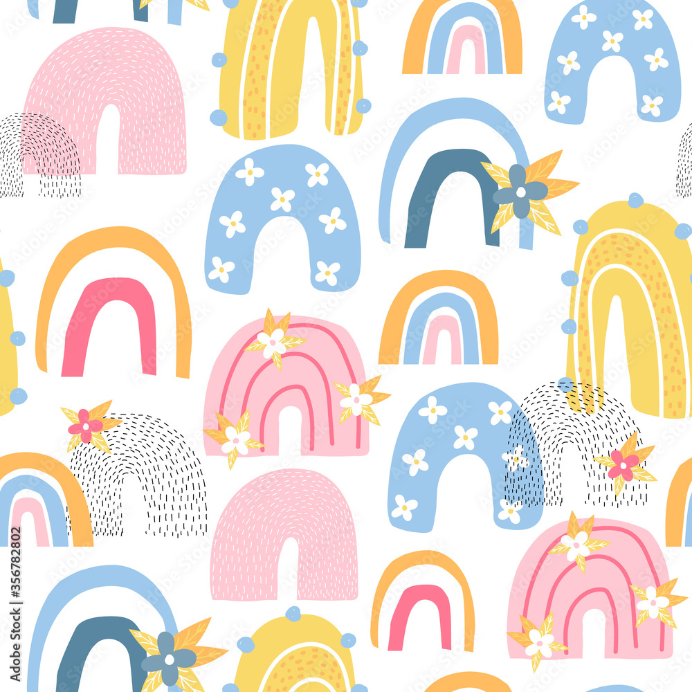 Seamless pattern with colorful rainbows. Childish trendy print. Vector hand drawn illustration. Seamless pattern with colorful rainbows. Childish trendy print. Vector hand drawn illustration.