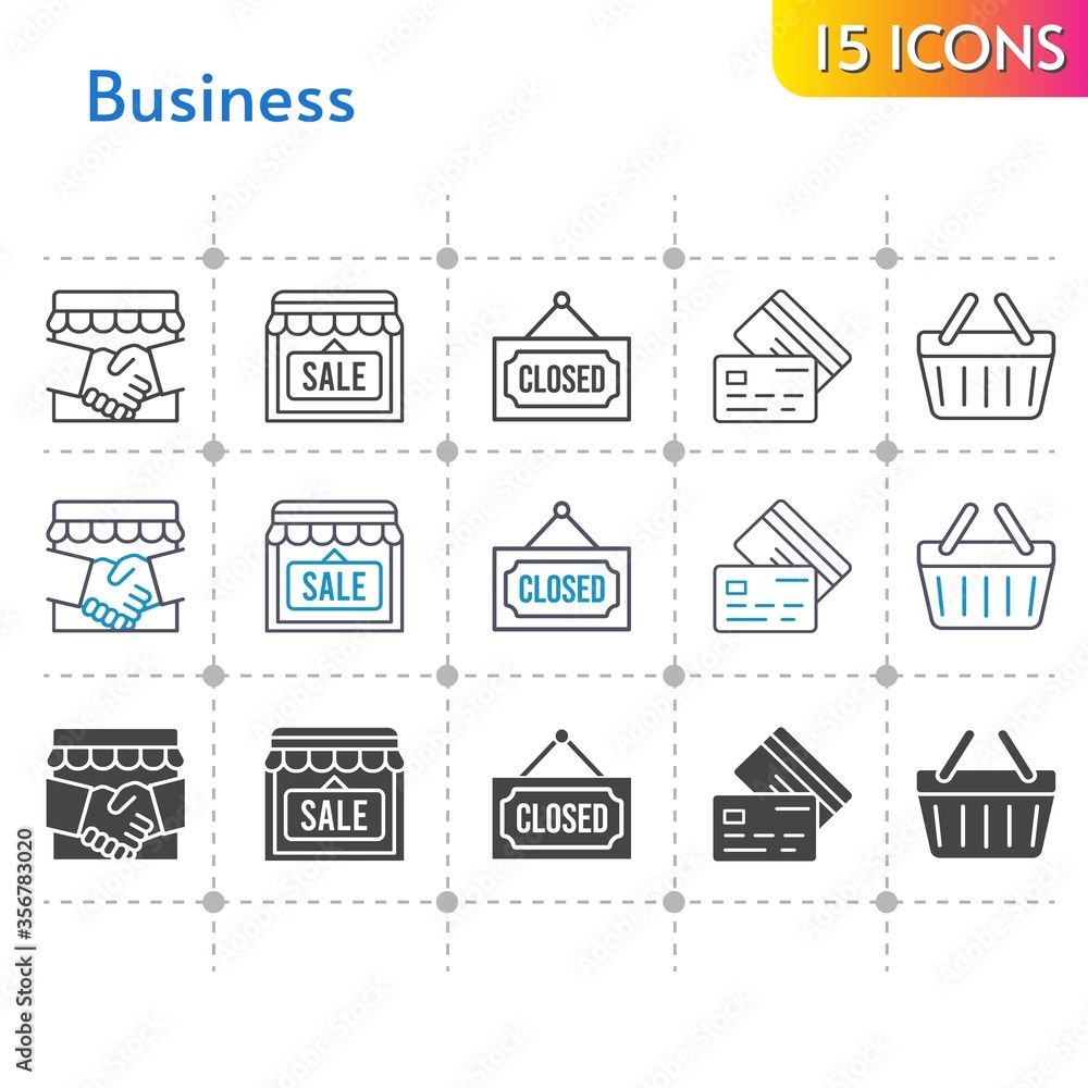 business icon set. included handshake, shop, closed, shopping-basket, credit card, shopping basket icons on white background. linear, bicolor, filled styles.