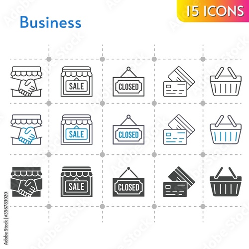 business icon set. included handshake, shop, closed, shopping-basket, credit card, shopping basket icons on white background. linear, bicolor, filled styles.