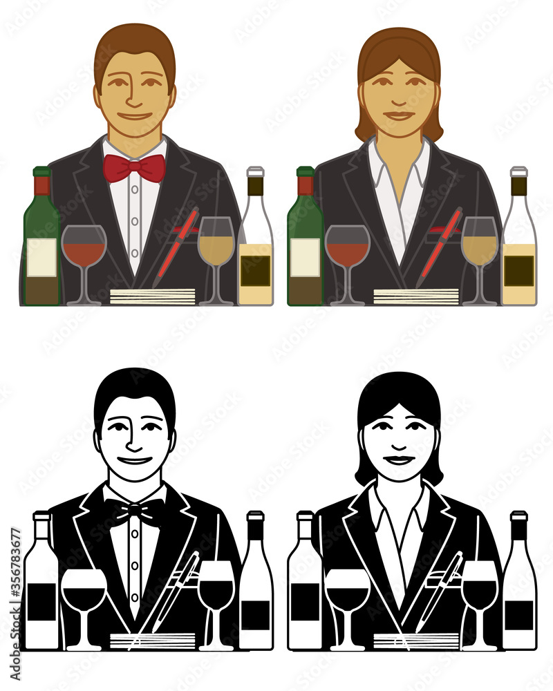 set of sommelier or wine steward vector icons male and female, with wine glasses and bottles, isolated on a white background set of sommelier or wine steward vector icons male and female, with wine glasses and bottles, isolated on a white background