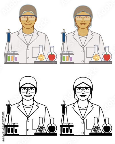 set of food technician, technologist, scientist vector icons male and female, with beakers and test tubes isolated on a white background