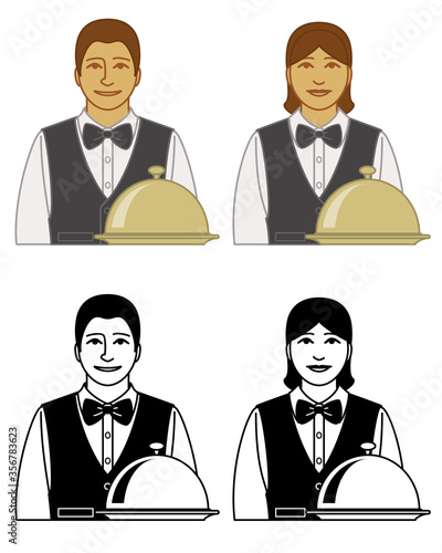 set of waiter and waitress vector icons male and female, with covered tray isolated on a white background