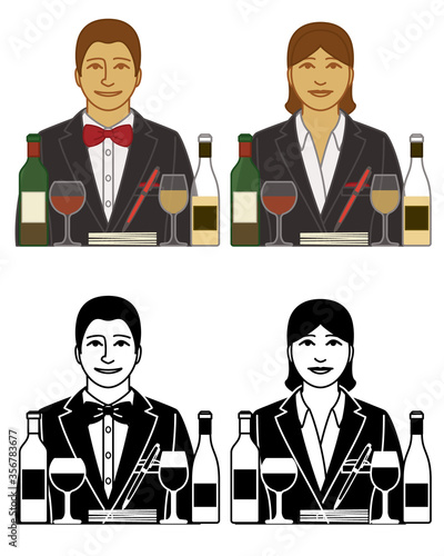 set of sommelier or wine steward vector icons male and female, with wine glasses and bottles, isolated on a white background