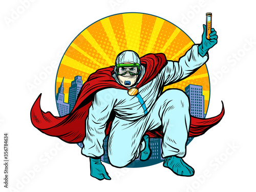 superhero doctor man with a vaccine medicine in protective suit, epidemic