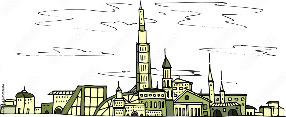Obraz premium city outlines hand-drawn landscape view of the circuit card letter card