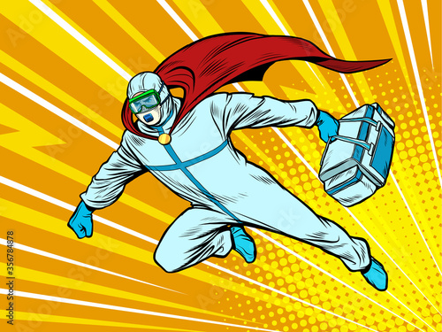 superhero doctor man flies to the rescue with a medicine cabinet in protective suit, epidemic