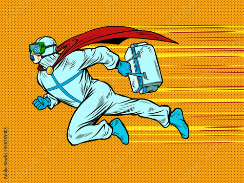 superhero doctor man flies to the rescue with a medicine cabinet in protective suit, epidemic