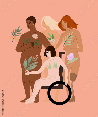 Bodypositive concept with different women vector illustration. Black female accept her body. Disabled nude girls with flowers. Handicapped young lady in glasses. Feminist movement. Racial diversity. 