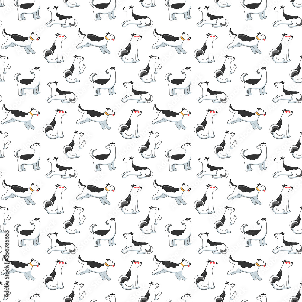 Vector seamless pattern with cute husky dogs on a transparent background. Fashionable baby fabric design