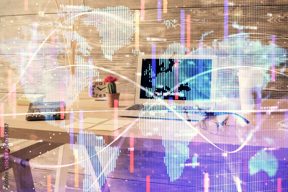 Double exposure of business theme drawing and office interior background. Concept of success Double exposure of business theme drawing and office interior background. Concept of success