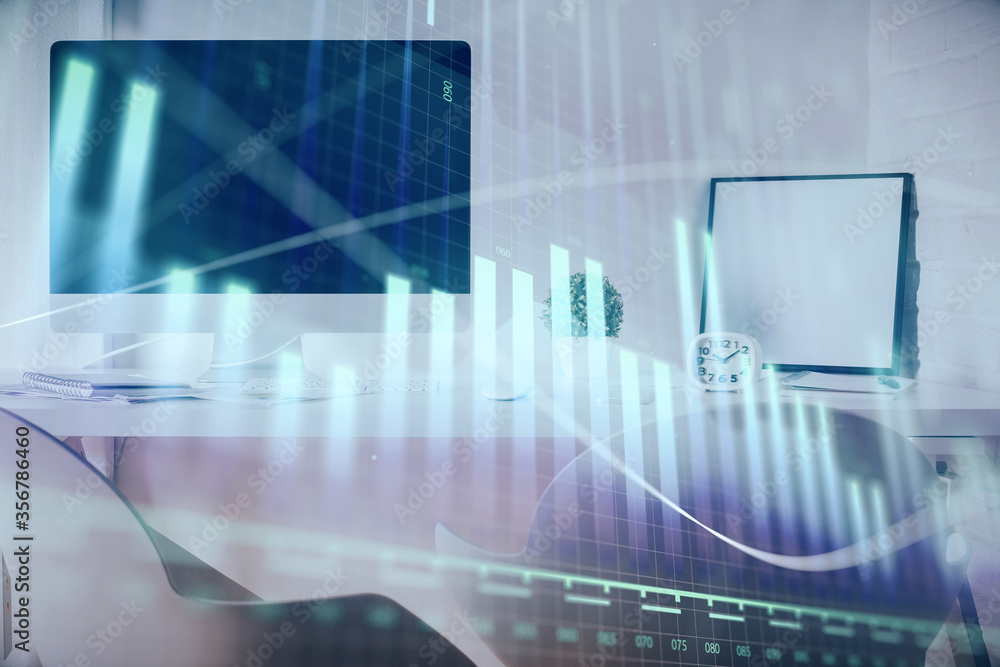Multi exposure of stock market chart drawing and office interior background. Concept of financial analysis. Multi exposure of stock market chart drawing and office interior background. Concept of financial analysis.
