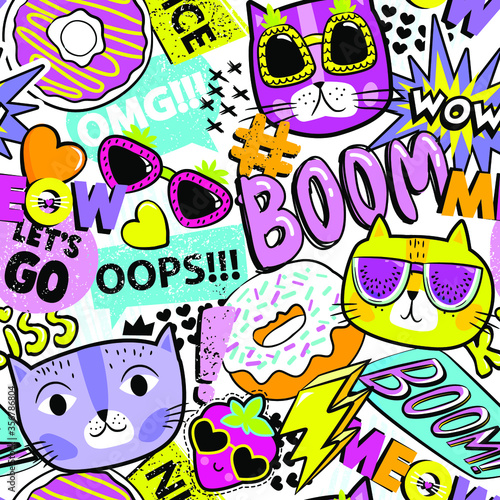 Abstract seamless pattern for little  girls with colorful funny cats in sunglasses. Fashion illustration in comic style. Bright summer print