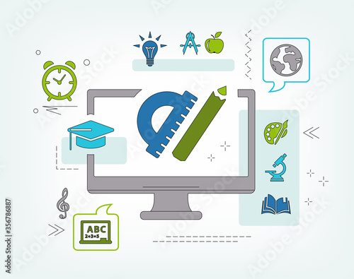 elearning vector illustration. Concept with icons related to virtual classroom, distance learning, online education or electronic learning via computer or internet. © j-mel