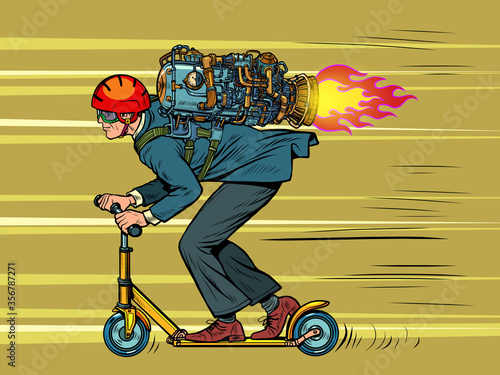 A businessman is riding a scooter. high speed jet engine