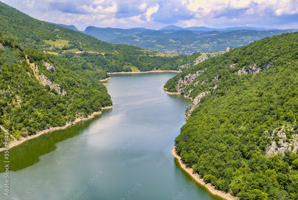 Aerial view over lake Bocac near city of Banja Luka in Bosnia and Herzegovina during sunny spring day.