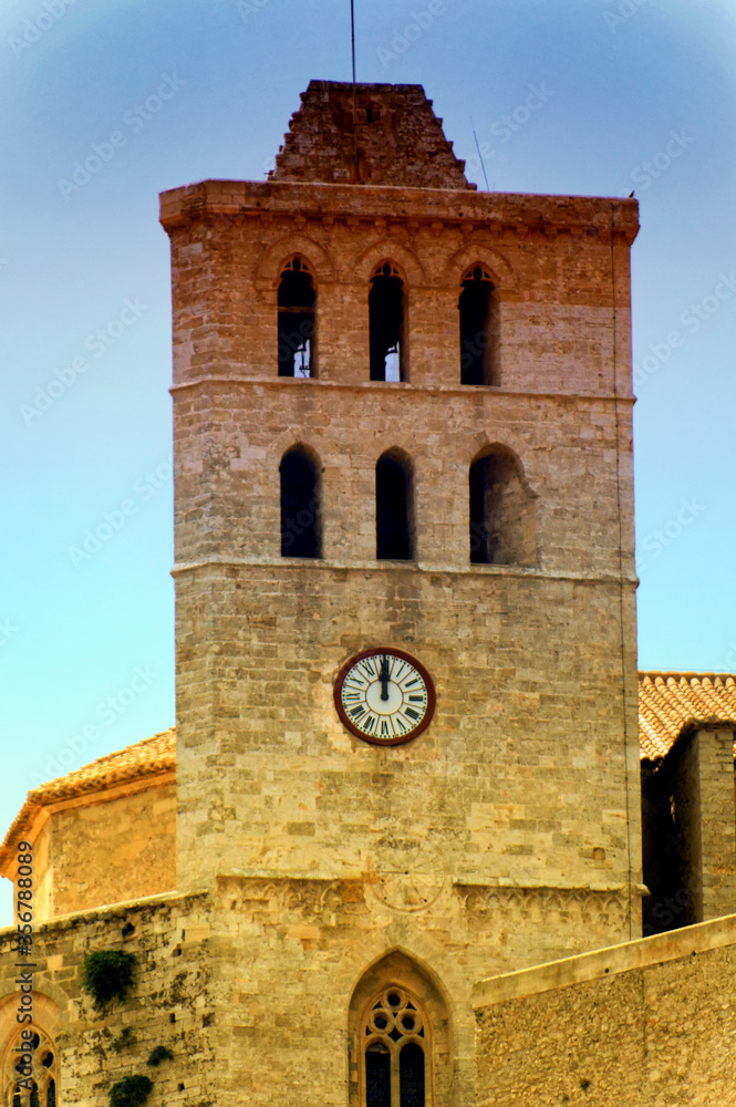 Eivissa cathedral clock tower in Ibiza, Spain.