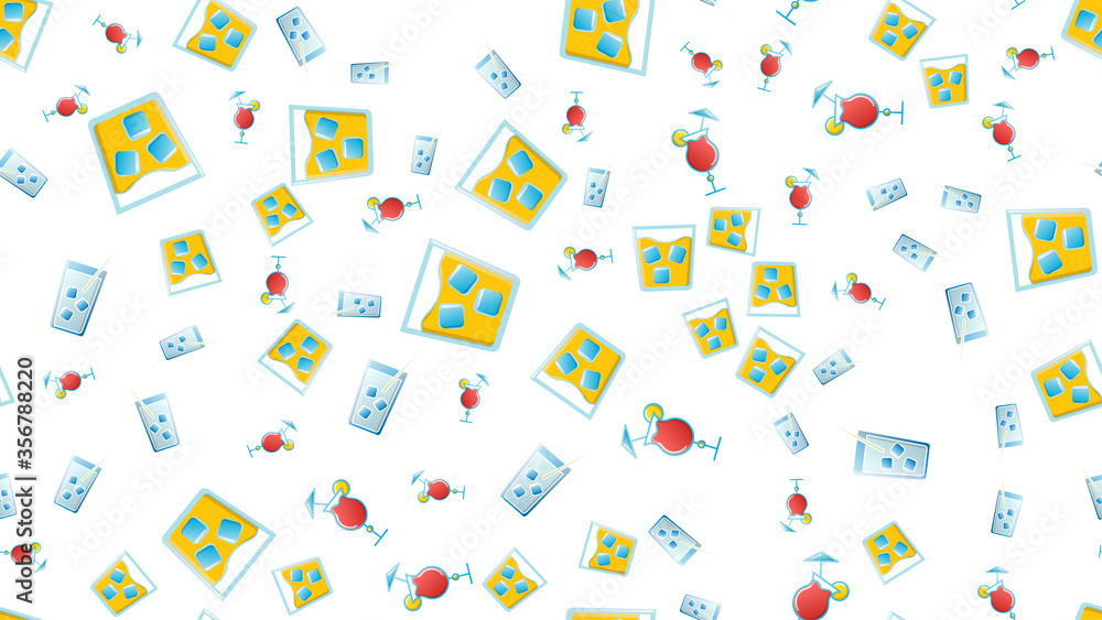 Endless seamless pattern of beautiful glass glasses with tasty alcoholic cocktails with ice and straws with lemons and beer for a party on a white background. Vector illustration Endless seamless pattern of beautiful glass glasses with tasty alcoholic cocktails with ice and straws with lemons and beer for a party on a white background. Vector illustration
